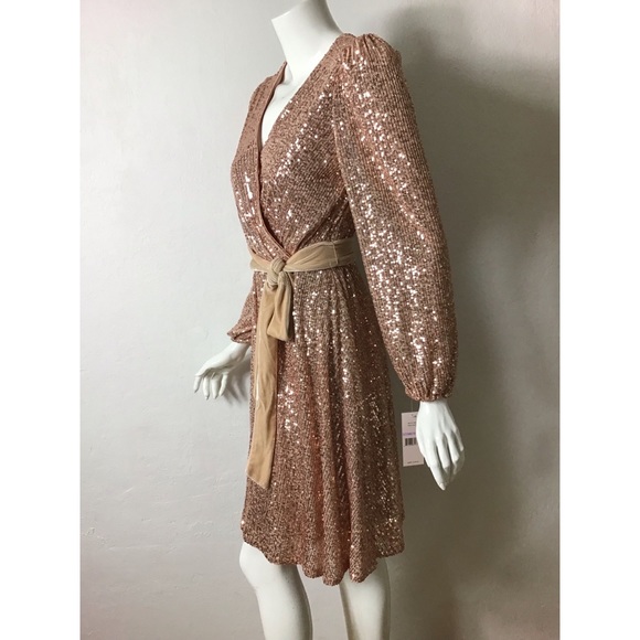 NWT Nanette Lepore sequin belted faux wrap long sleeve dress - Picture 3 of 5